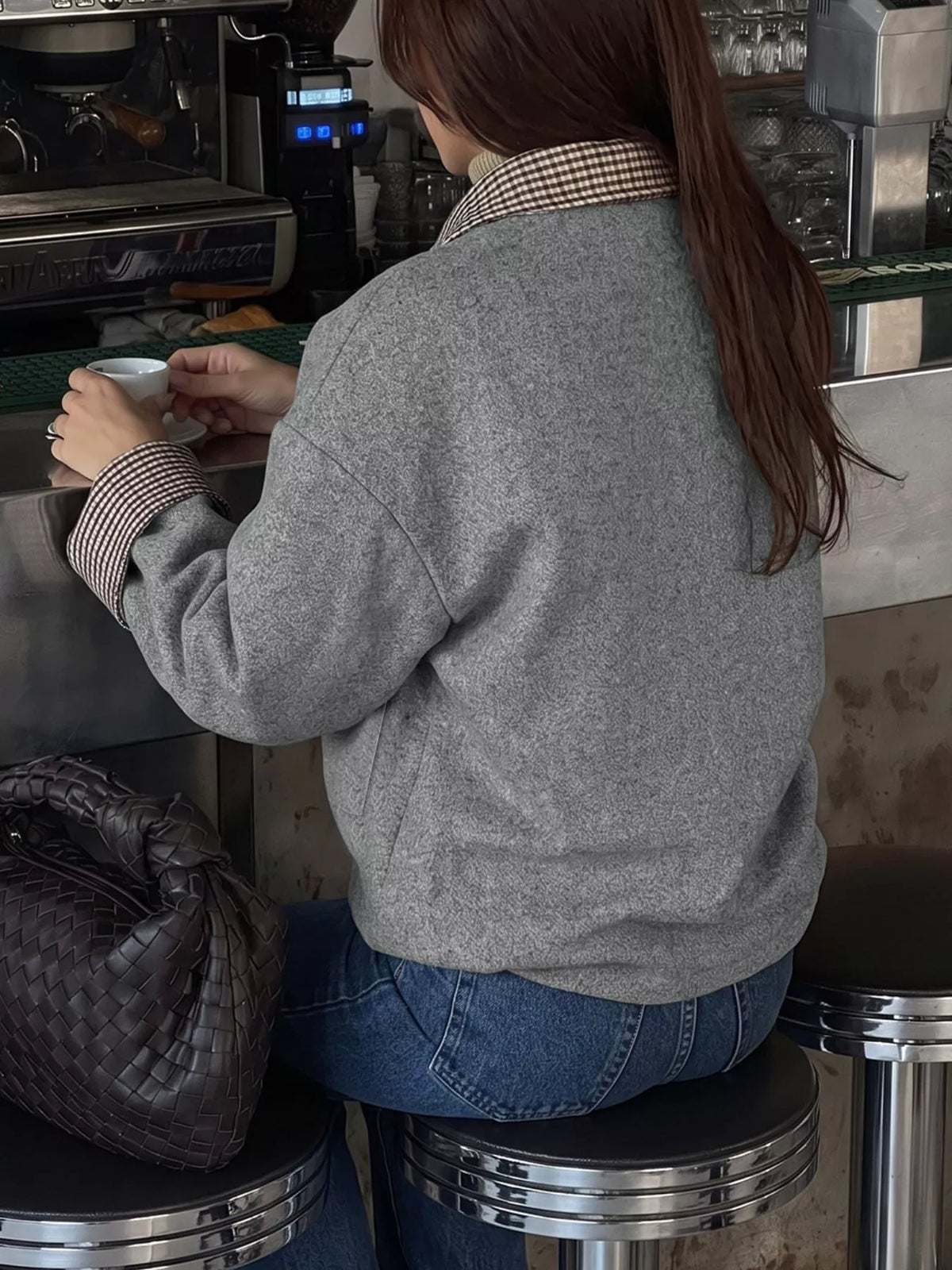 Gray gingham-trim button-down jacket, back view