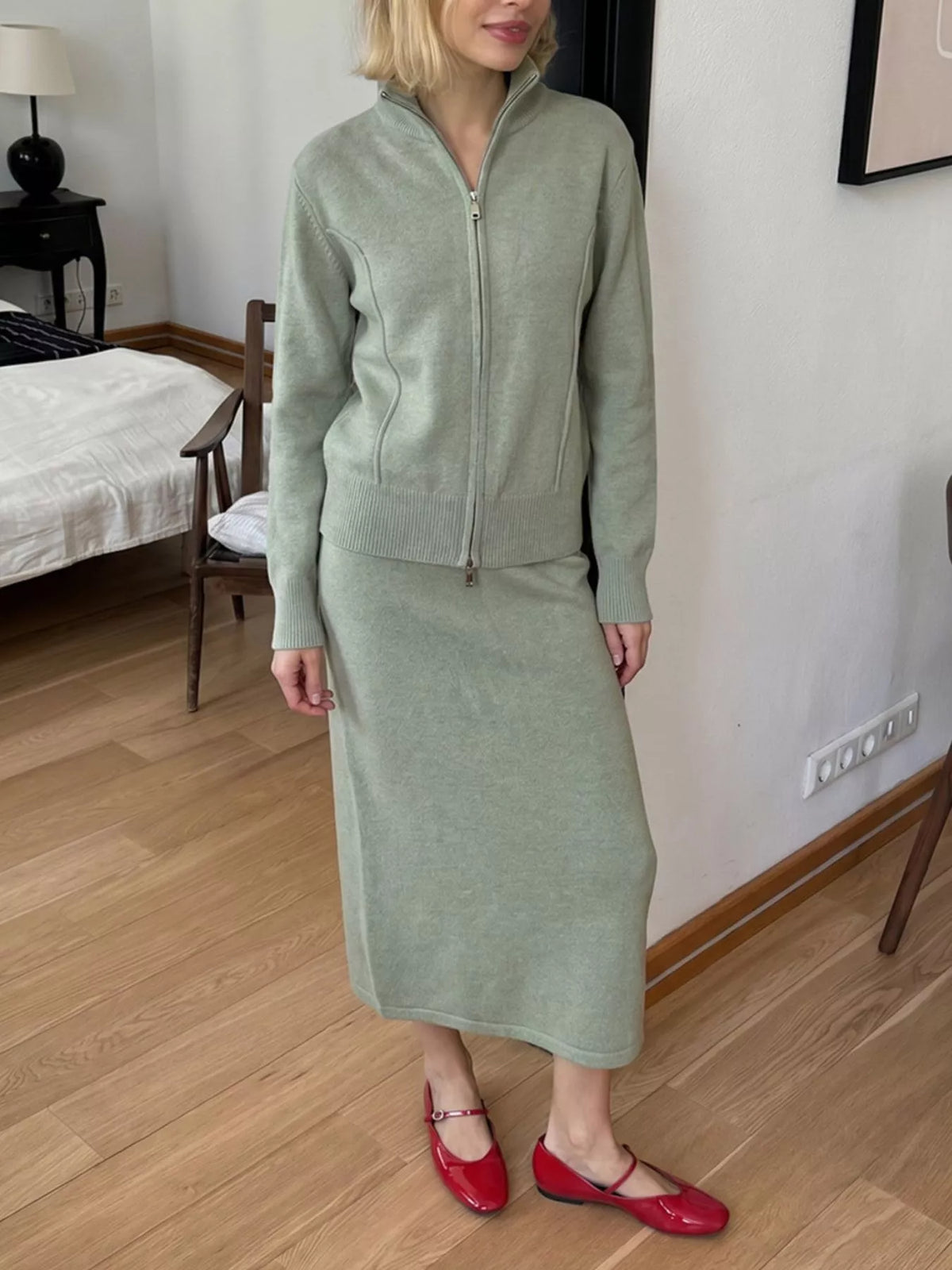 Zip-up cardigan and midi skirt knit set in sage green, full front view
