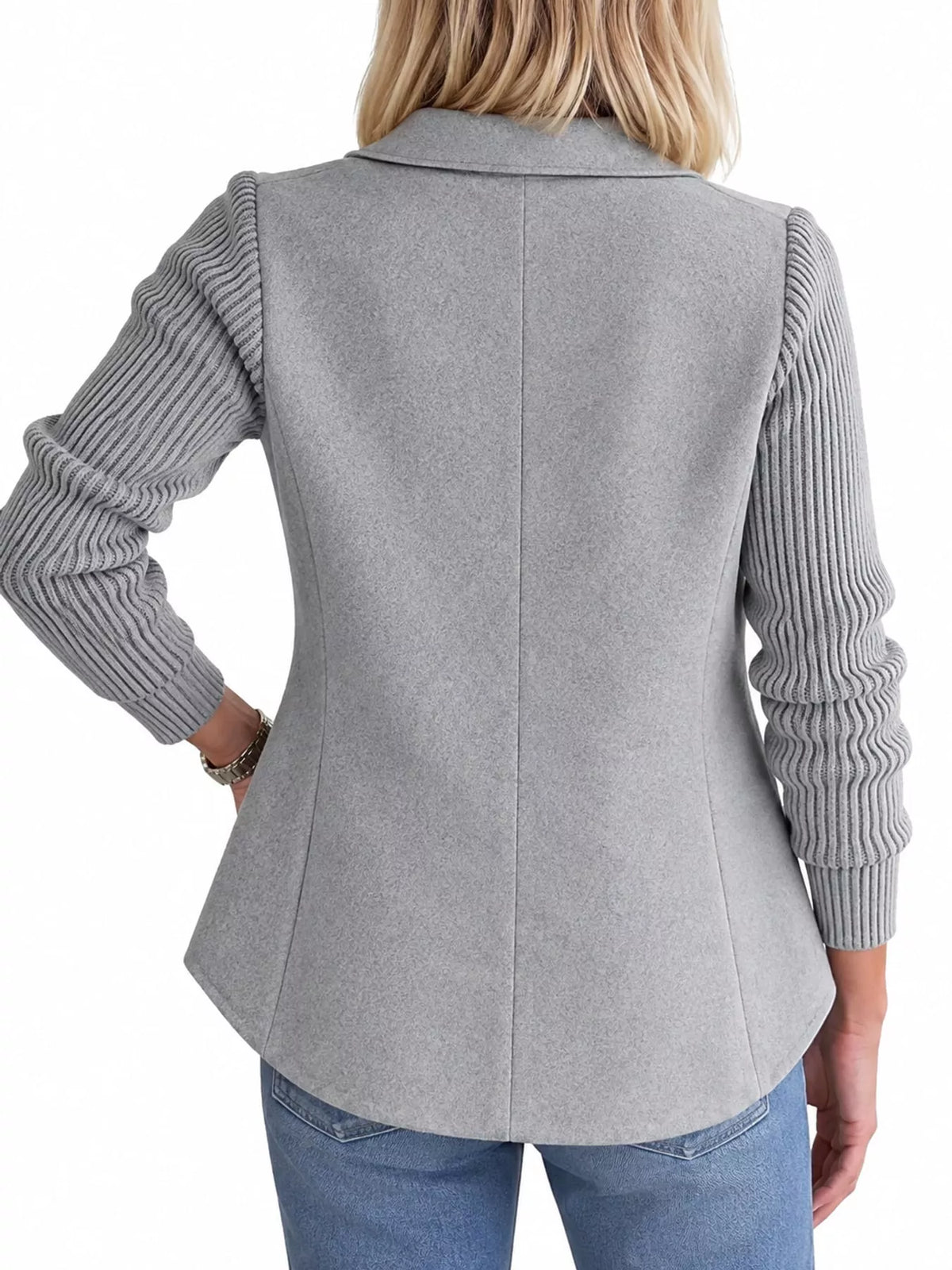 Light Blue double-breasted blazer with ribbed knit sleeves, back view