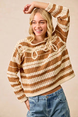 Trendsi BiBi Striped Open Knit Sweater Top with Front Braided Detail -
