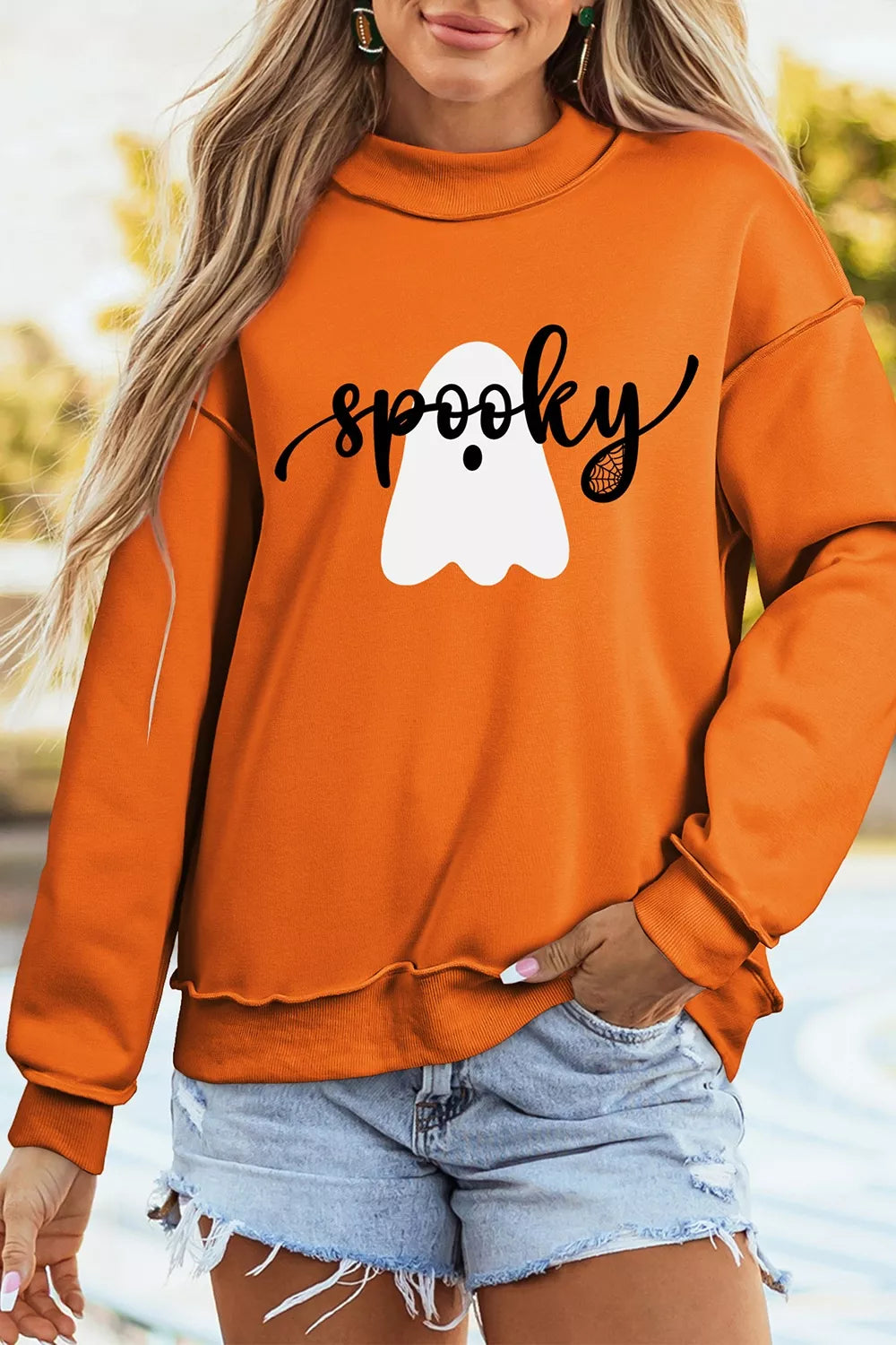 Trendsi Ghost/ BOO Reversible Print Mock Neck Casual Sweatshirt -