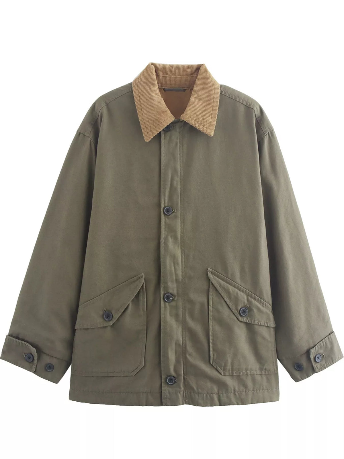 Olive contrast corduroy collar button-up jacket — front view