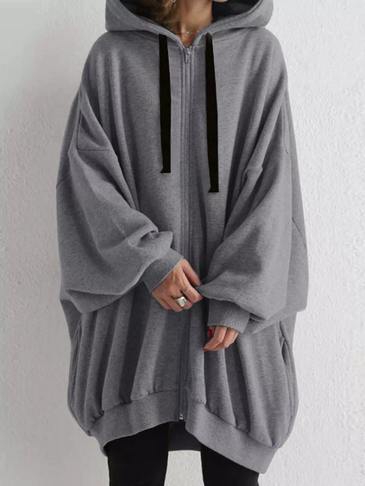 Gray drawstring zip-up oversized hoodie
