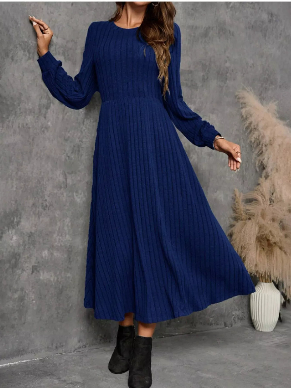 Women's Ribbed Knit Long Sleeve A-Line Midi Dress in blue — front view