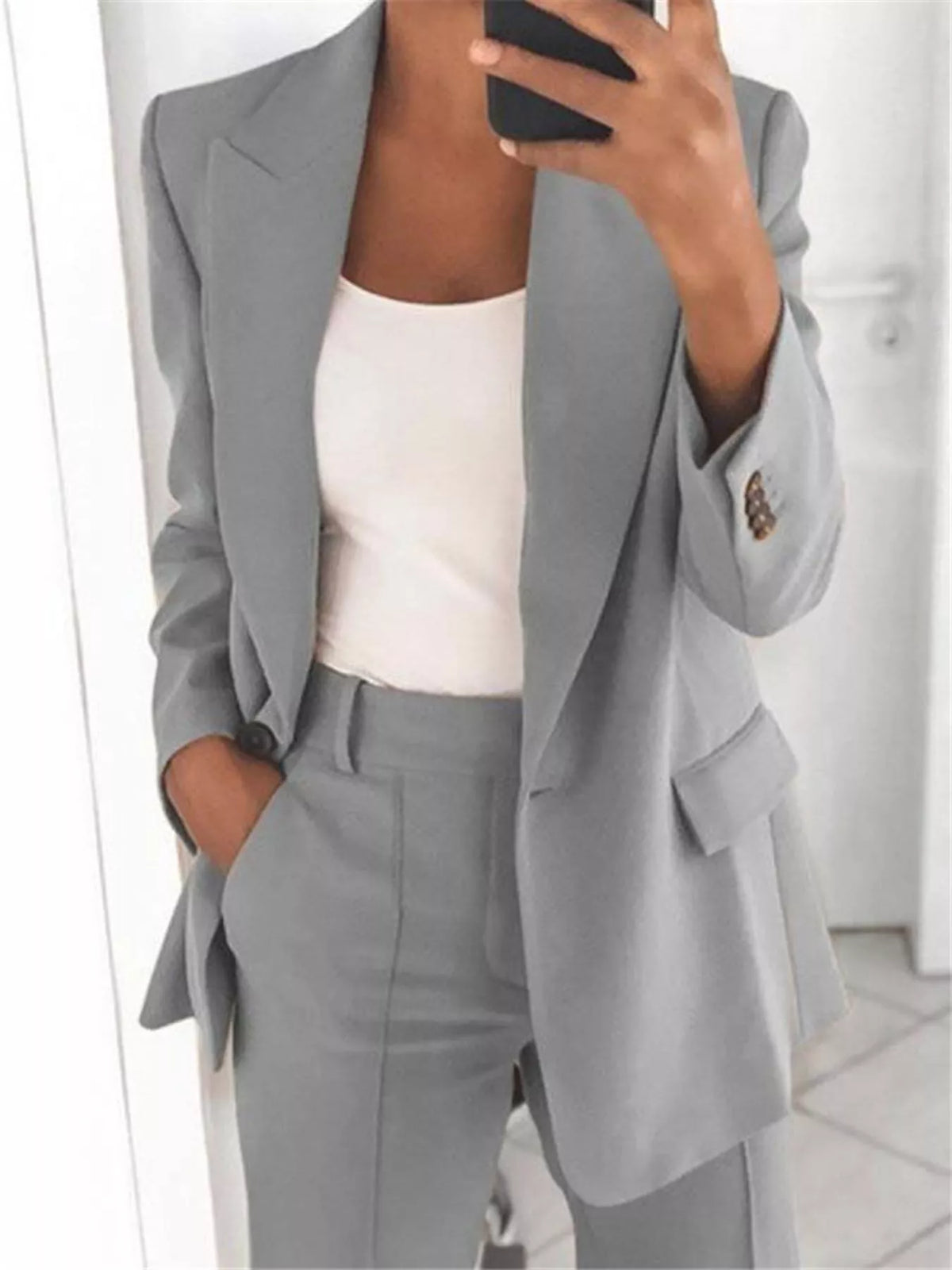 Collared long sleeve outfit set, front view on model