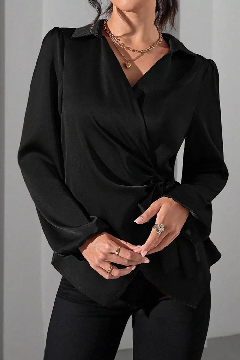 Trendsi Satin Tied Detail Long Sleeve Blouse -
