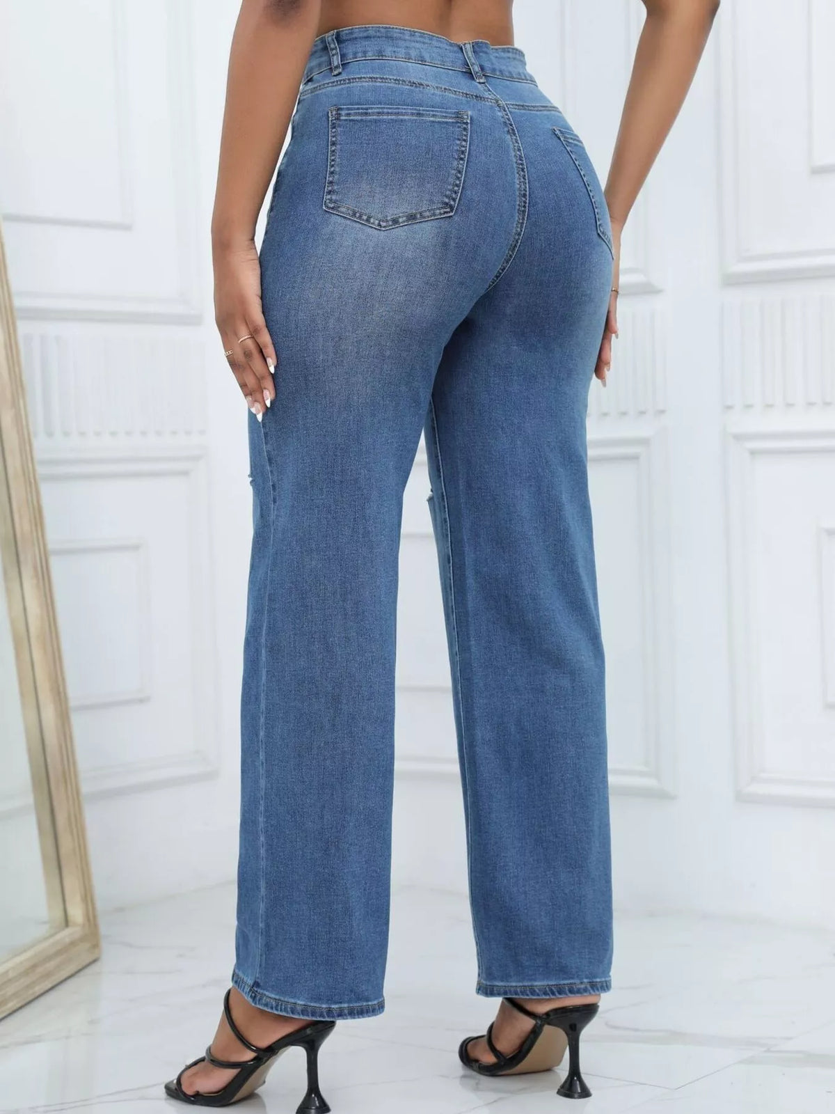 Knee-Ripped Wide-Leg Jeans in blue, back view