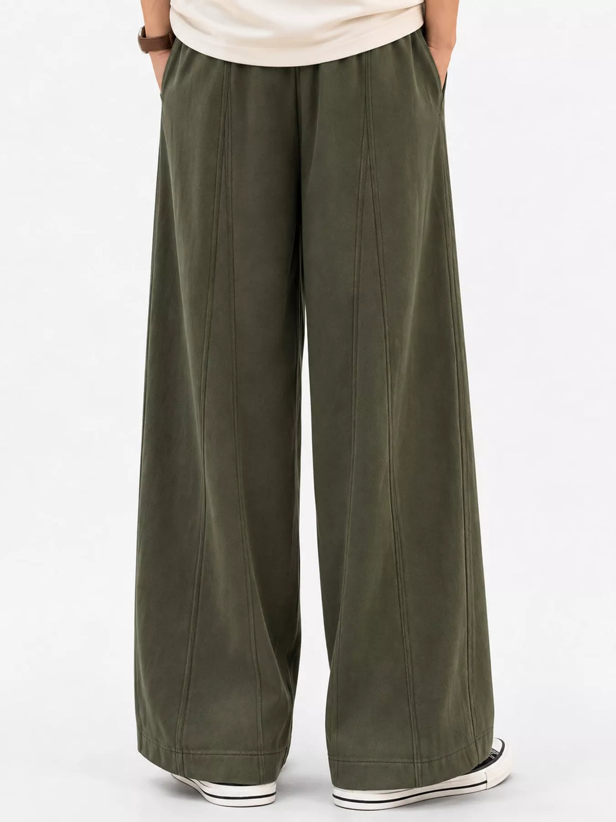 Army green wide leg casual pants, back view