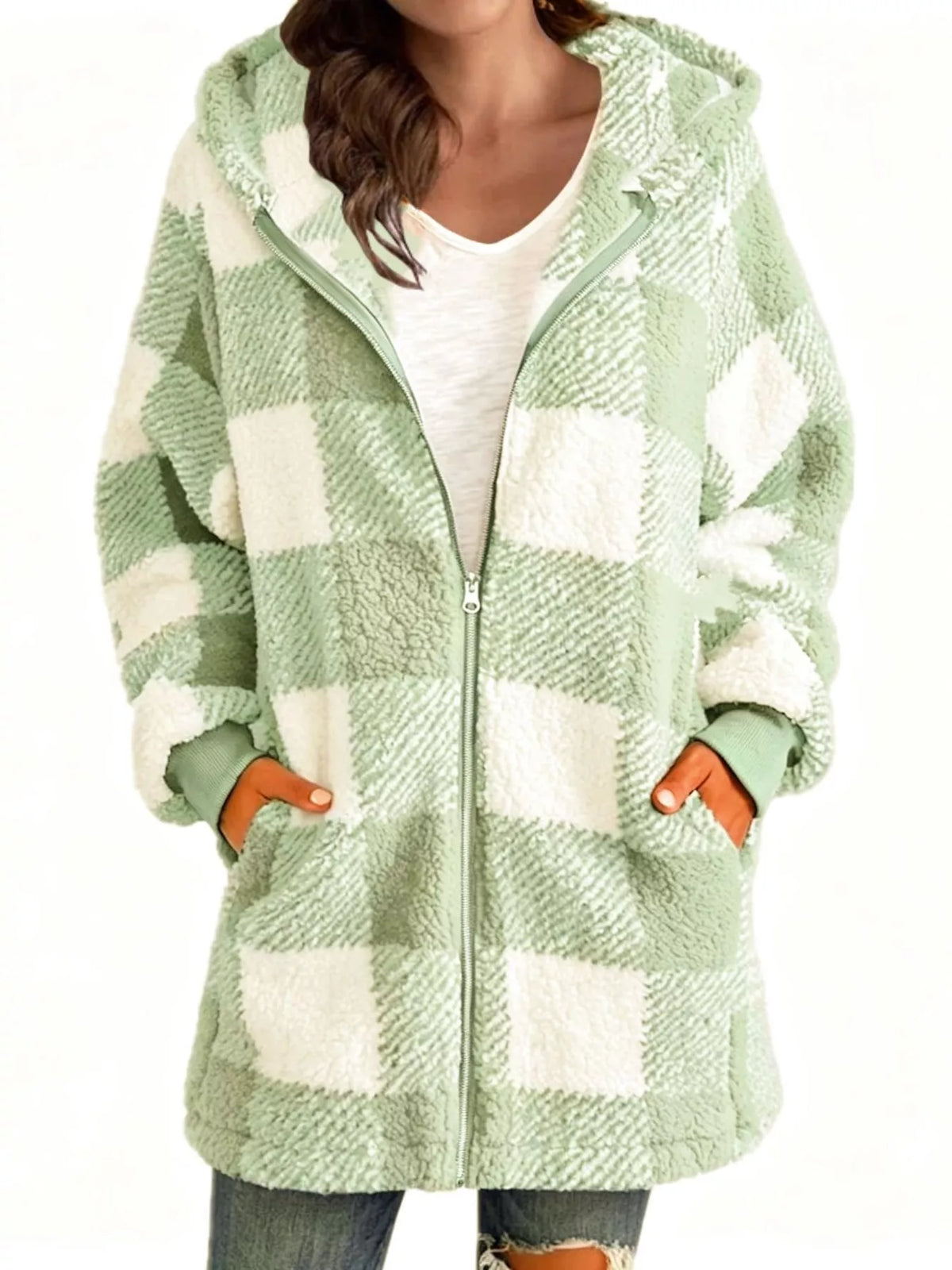 Pale green and white plaid sherpa hooded zip up jacket, front view