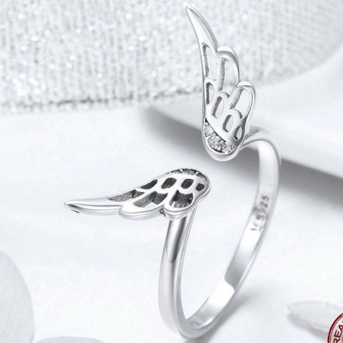Trendsi 925 Sterling Silver Zircon Angel Wing Open Ring -