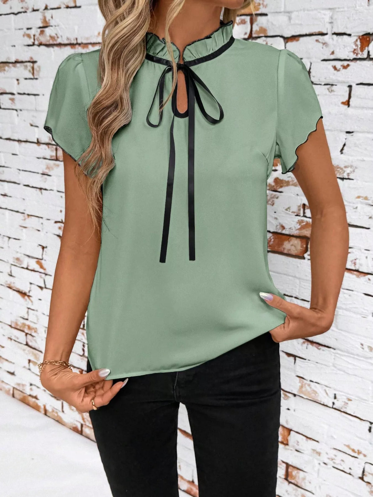 Contrast Trim Ruffle Sleeve Tie-Front Blouse in green and black