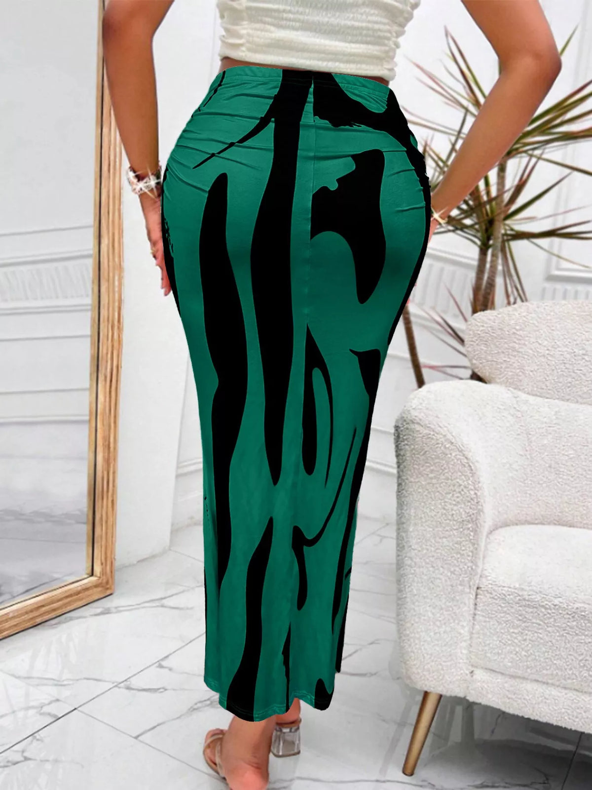 Peacock Green high-waisted ruched printed maxi skirt
