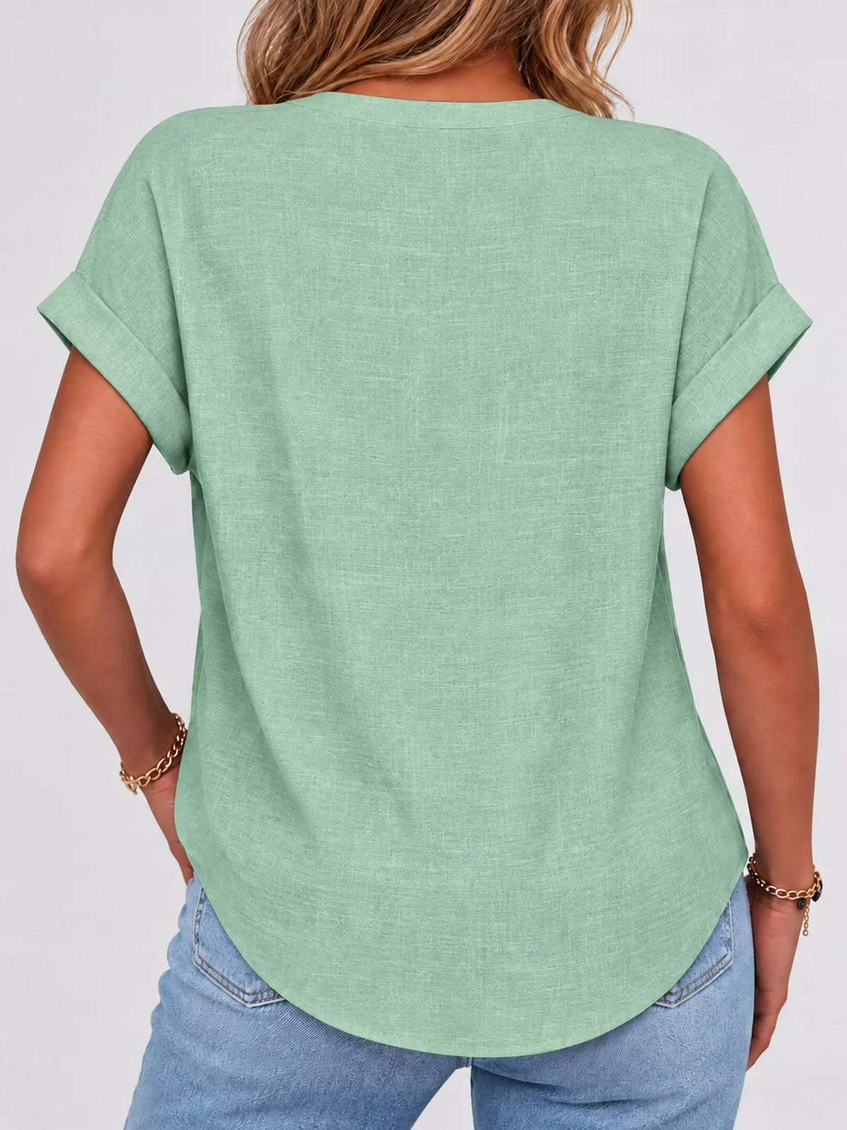 Green button detail short sleeve blouse, back view