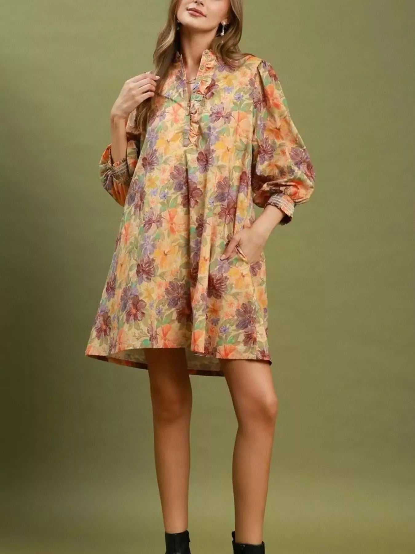 Trendsi Vintage Floral Print 3/4 Sleeve Dress -