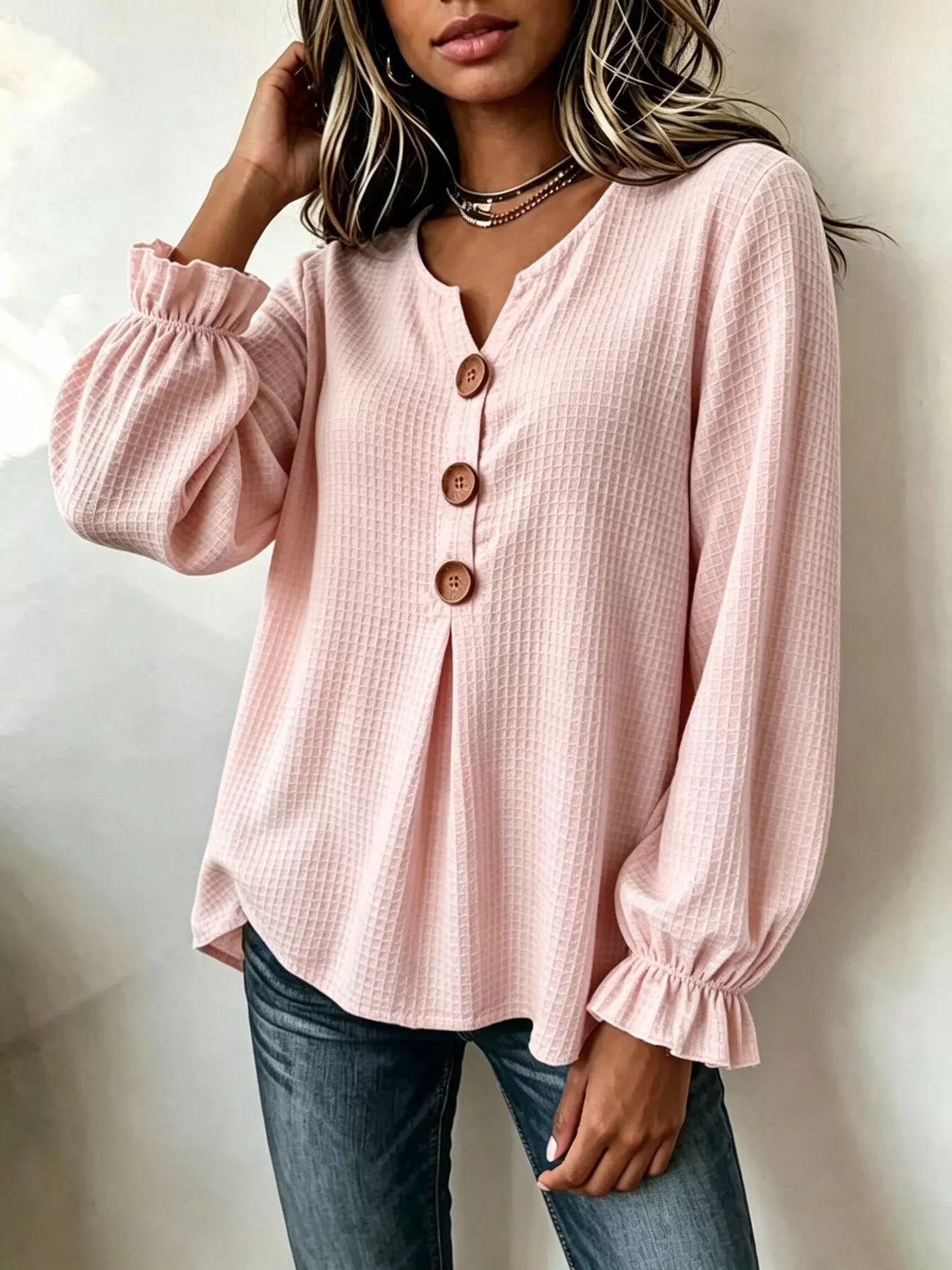 Waffle-knit long sleeve top
