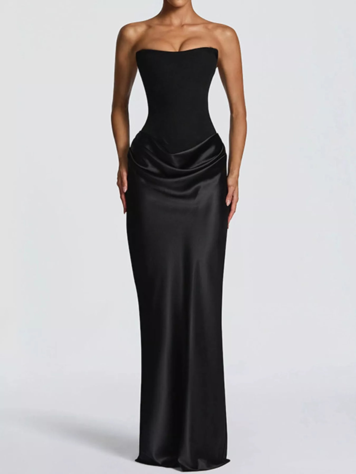 Sweetheart neck strapless maxi dress, front view on model