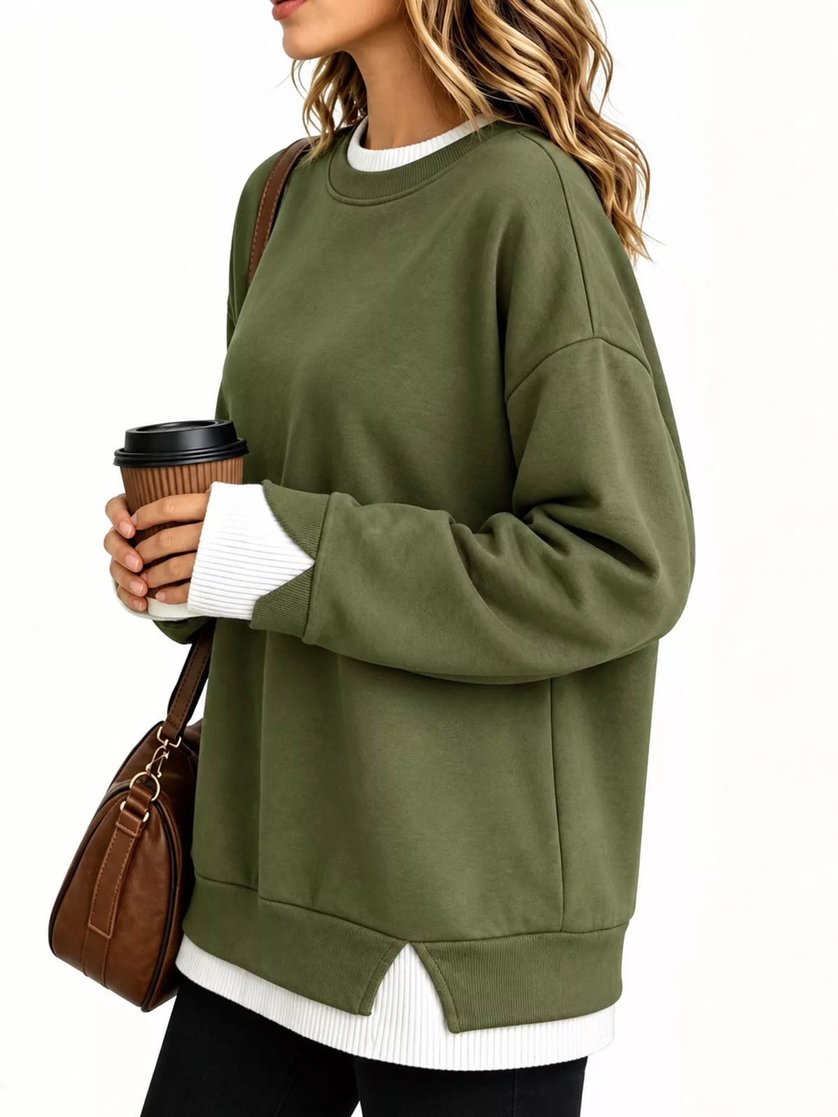 Layered Look Crew Neck Sweatshirt in green, side view