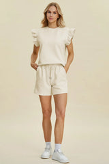 Trendsi Double Take Full Size Texture Round Neck Ruffle Sleeve Top and Shorts Set -