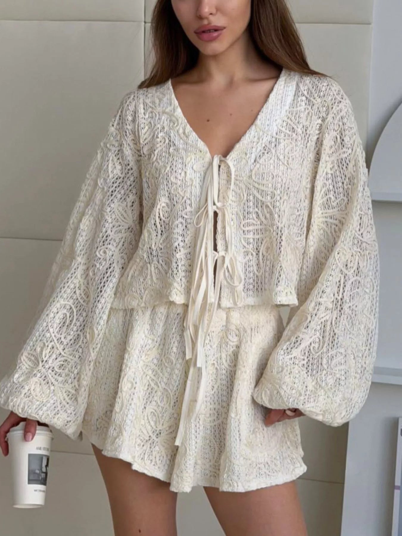 Trendsi Lace Crochet Tie Front Top and Shorts Two-Piece Lounge Set -
