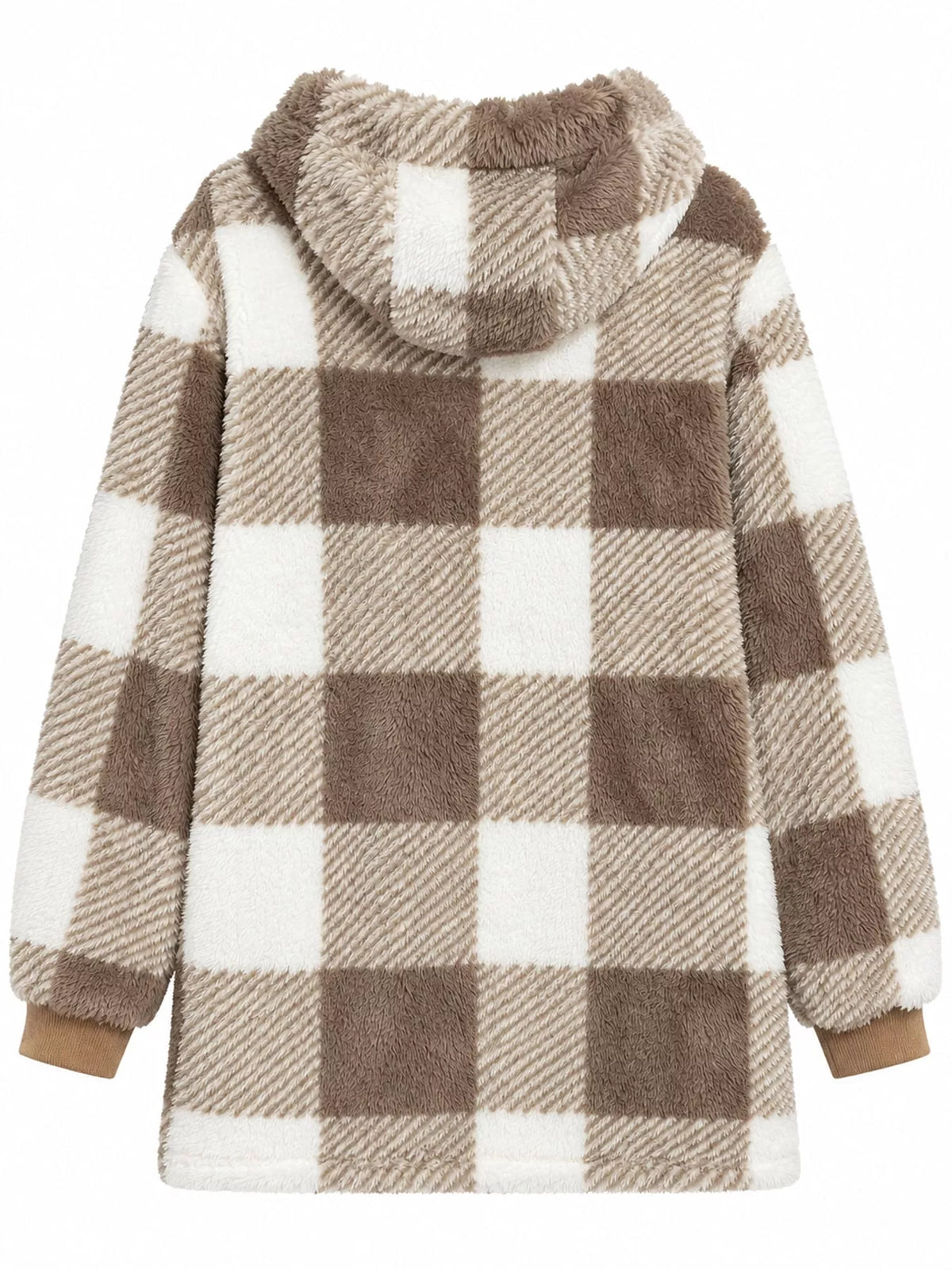 Brown and white plaid sherpa hooded zip up jacket, back view