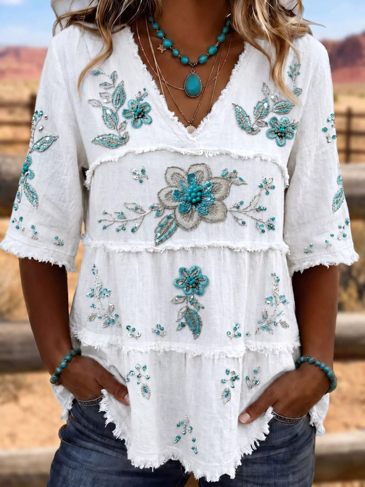 Trendsi Full Size Floral Raw Hem V-Neck Blouse Plus Size -