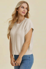 Trendsi Double Take Full Size Cable-Knit Round Neck Short Sleeve Sweater -