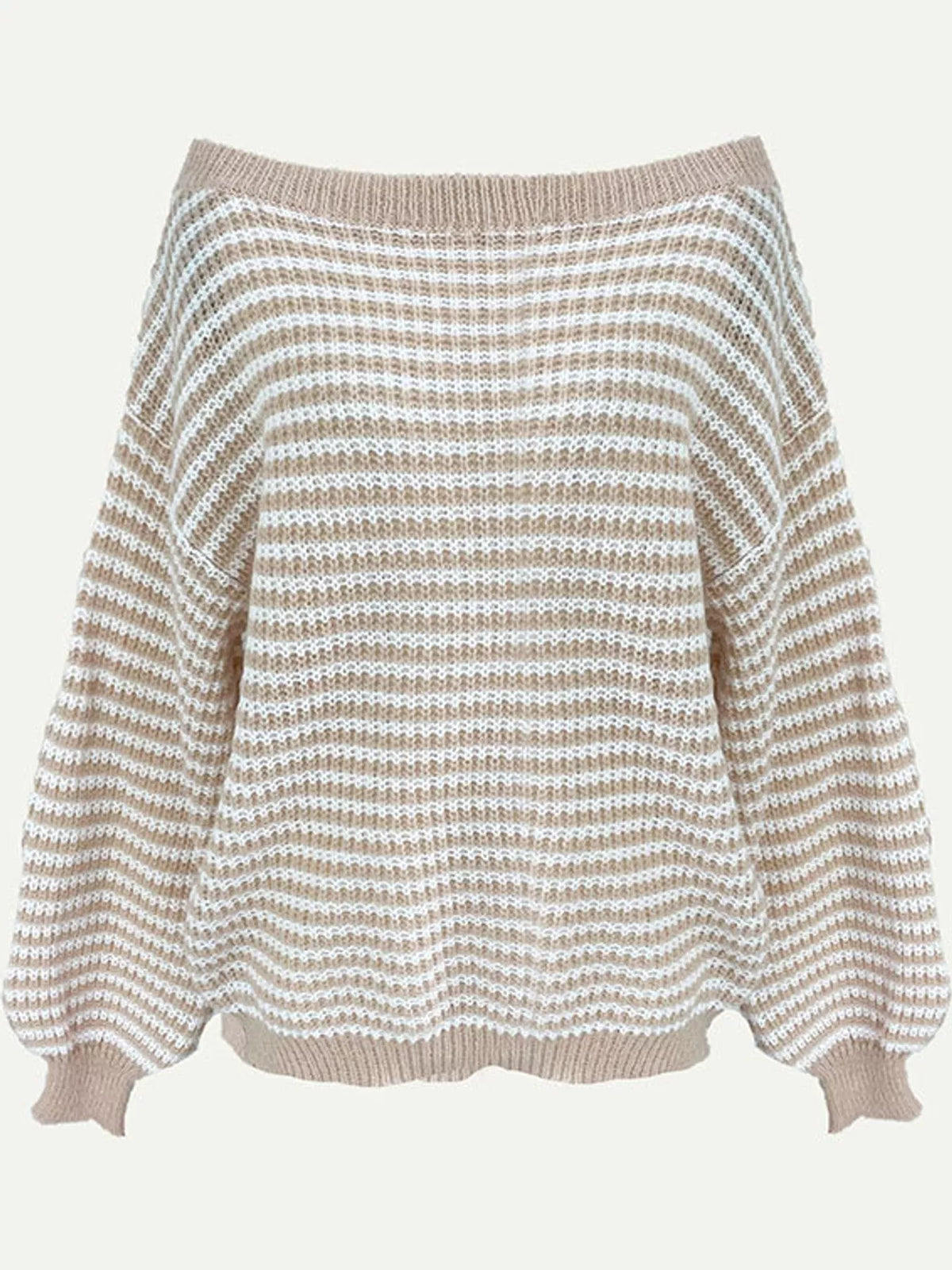 Beige and white striped knit boat neck sweater