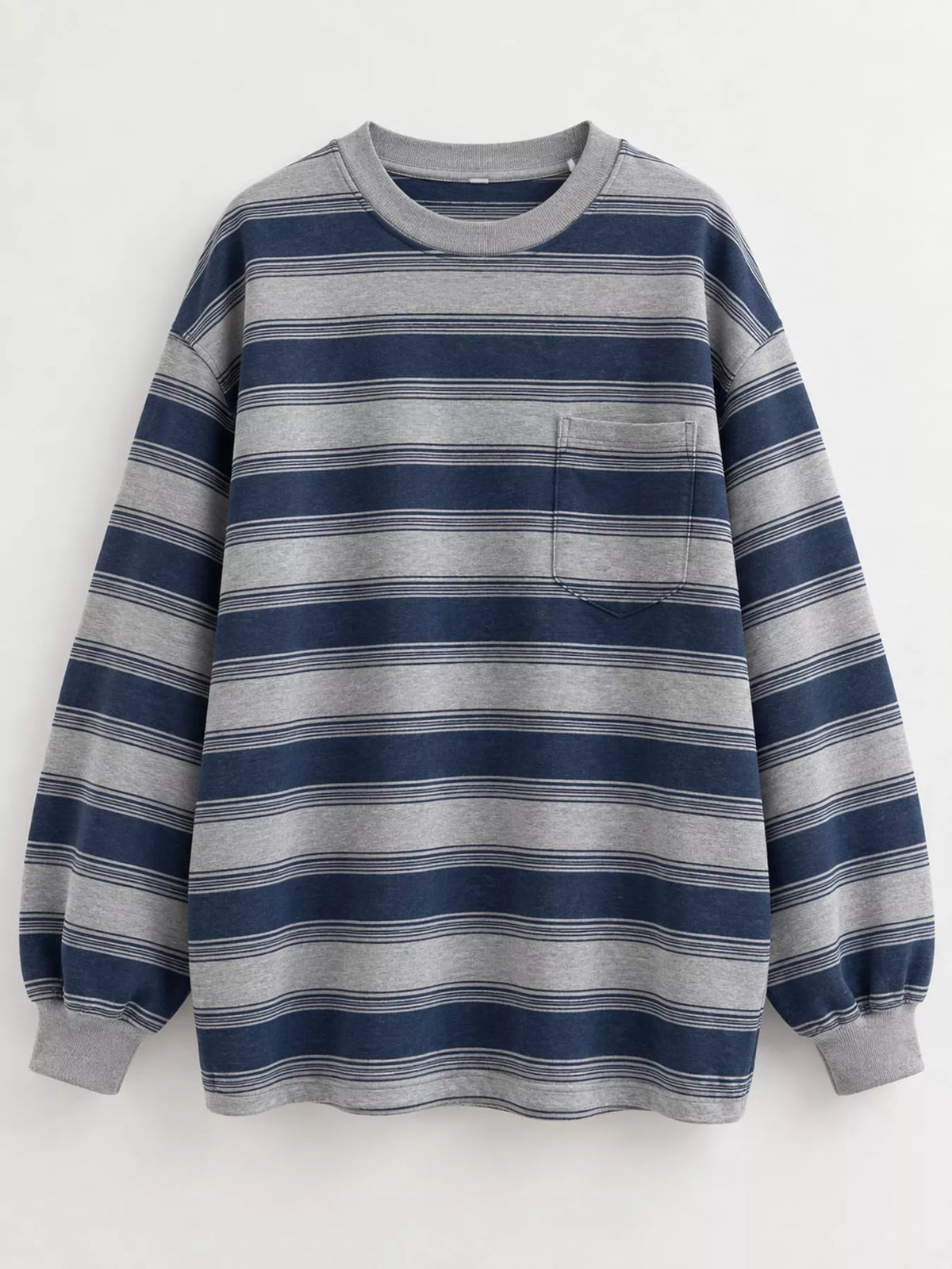 Women's Oversized Striped Crewneck Sweatshirt with Chest Pocket in blue and gray — flat lay view