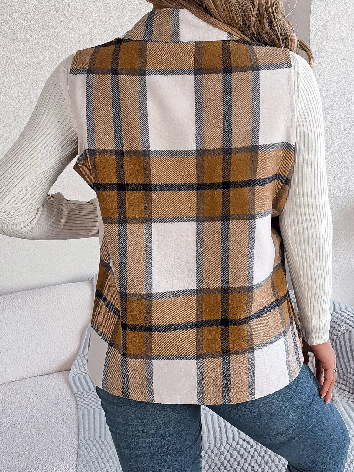 Khaki Color plaid open front vest, back view