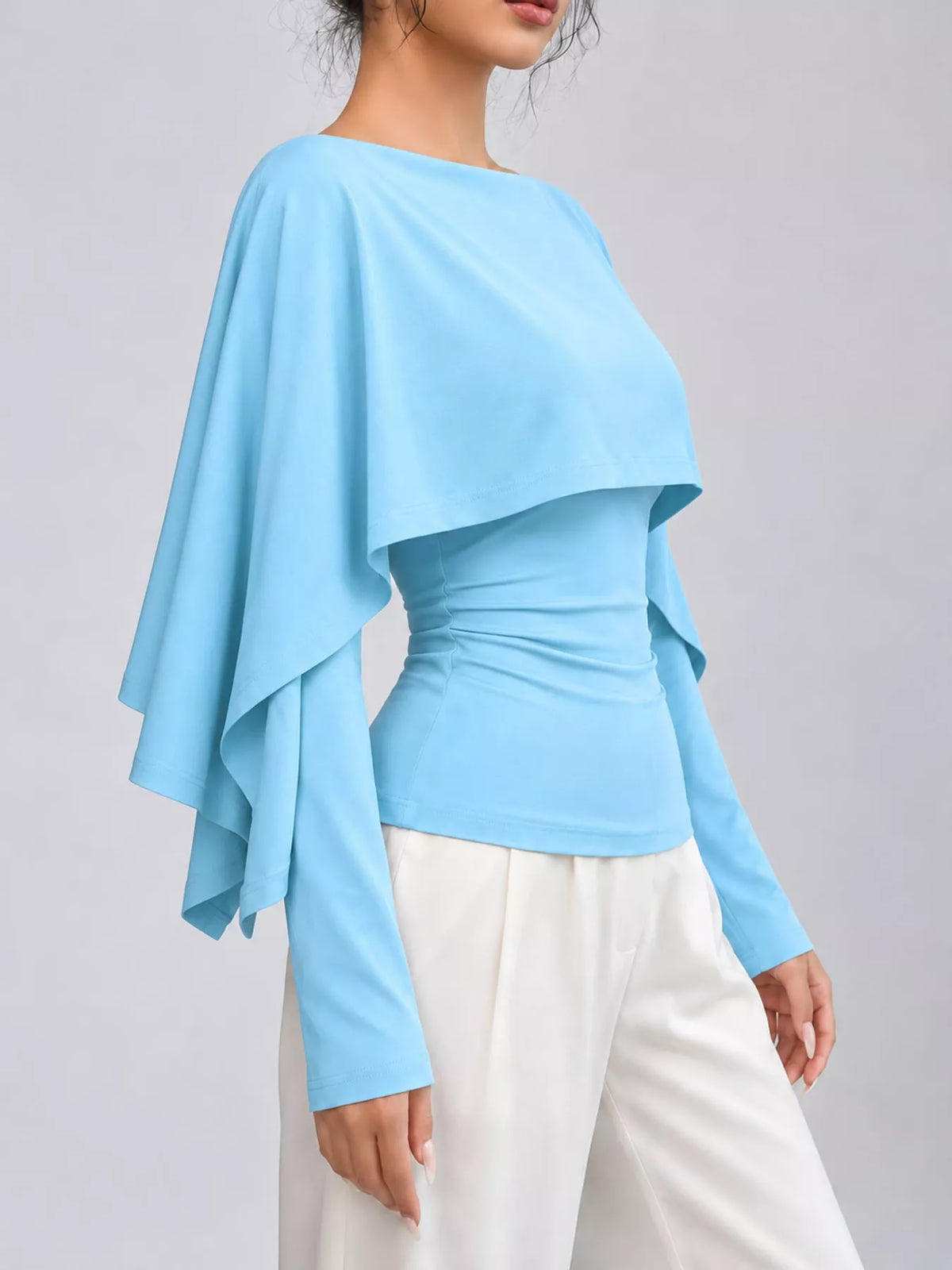 Layered Cape-Style Blouse with Slim-Fit Bodice — side view