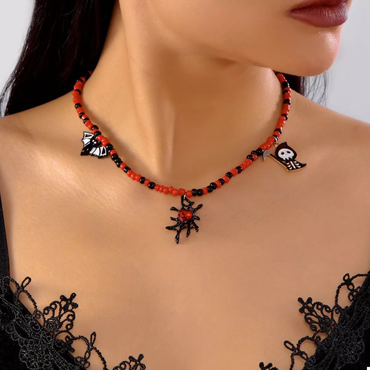 Trendsi Halloween Spider Web Beaded Necklace -