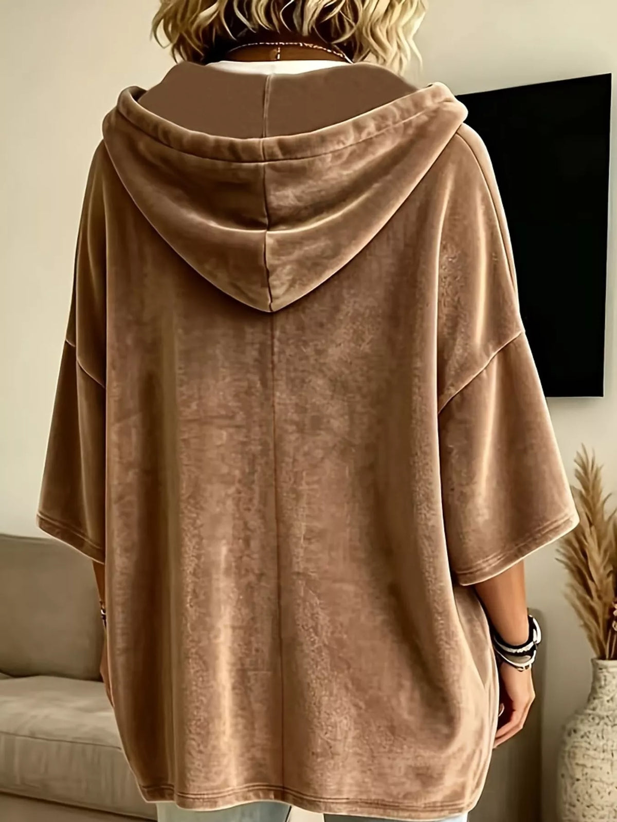 Velvet Button Hoodie in brown, back view