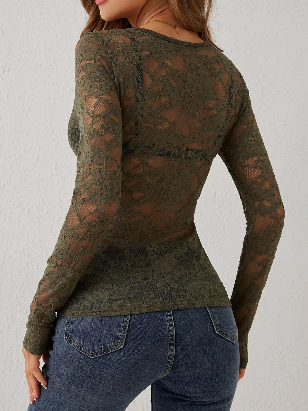 Olive sheer floral lace long sleeve top with scalloped V-neck, back view