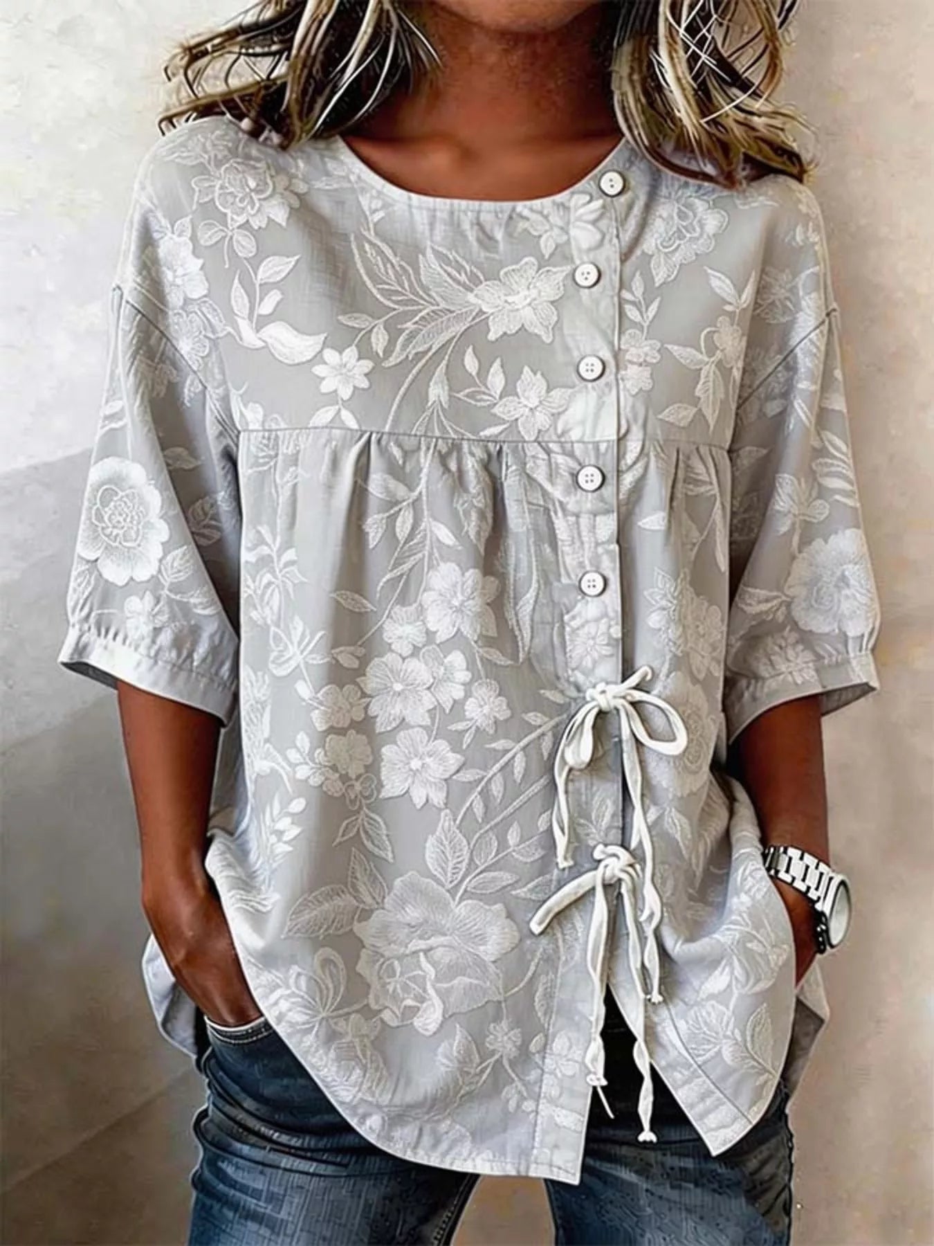 Trendsi Full Size Embroidered Floral Tie Front Shirt Plus Size -