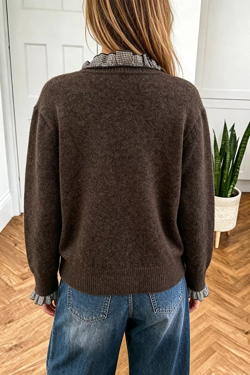 Brown plaid ruffle-trim button cardigan — back view