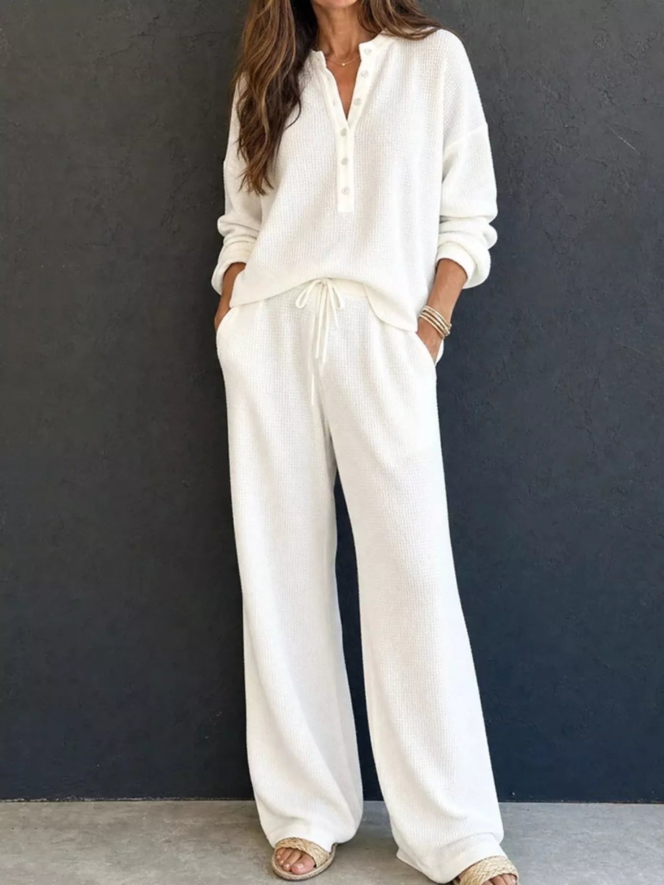 Trendsi Waffle Knit Henley Top and Wide Leg Pants Set -