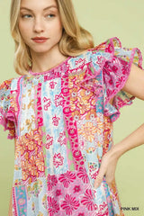 Trendsi Umgee Mix Patchwork Flutter Sleeve Mini Dress -