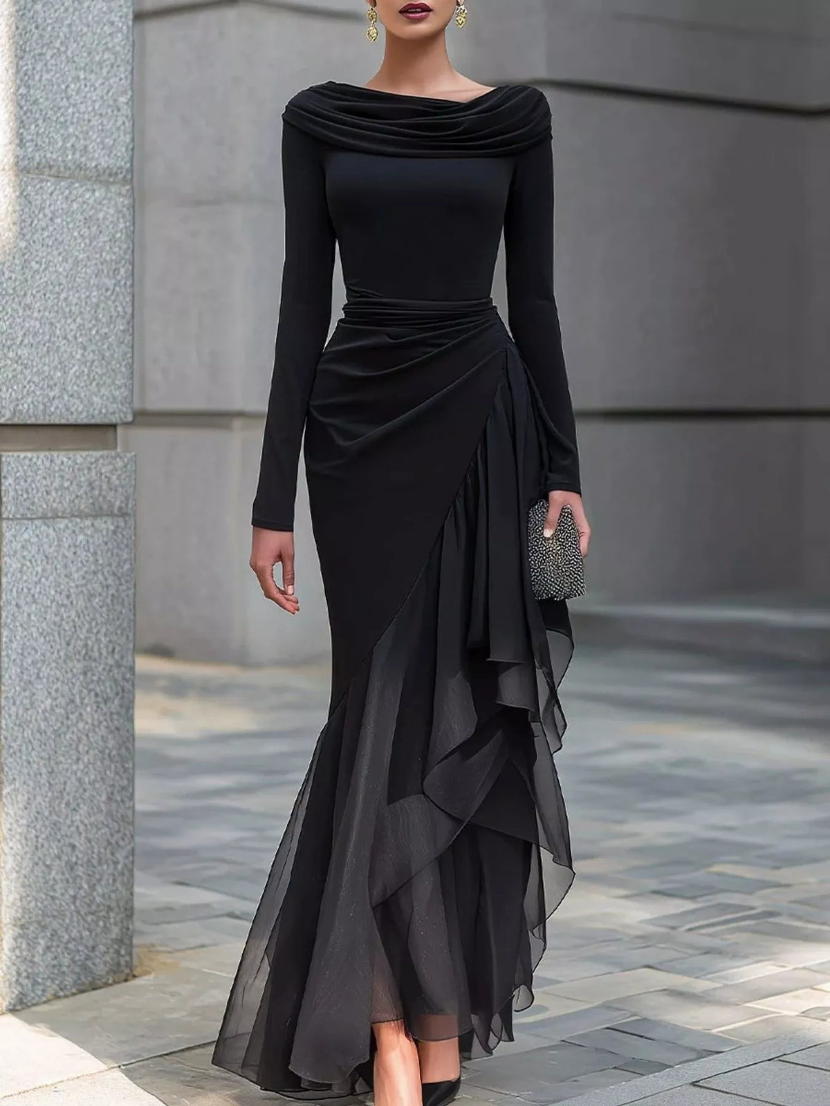 Cowl neck long sleeve maxi dress, front view on model