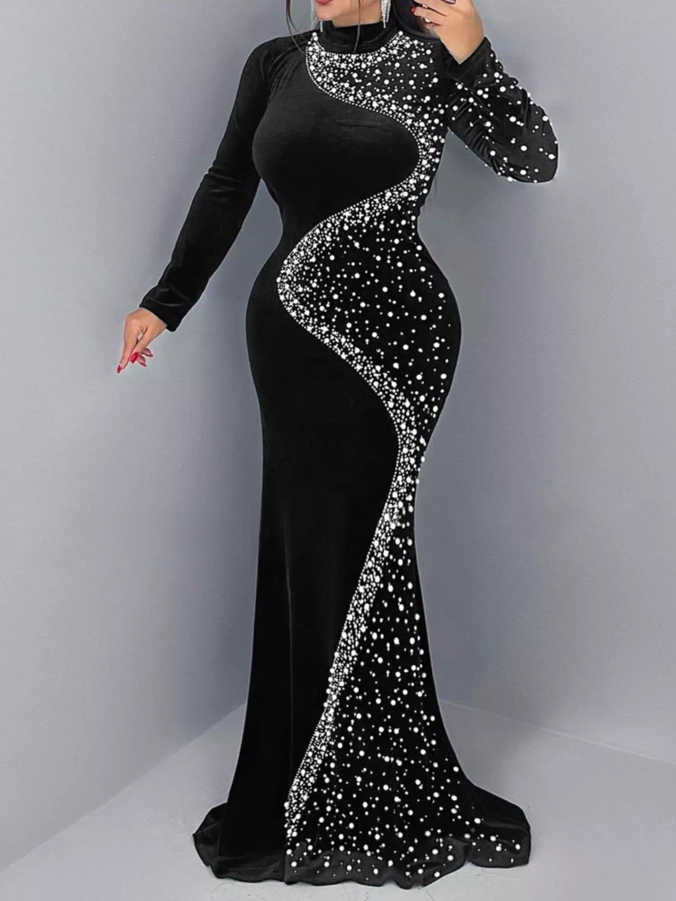Trendsi Rhinestone Embellished Velvet Mermaid Evening Maxi Dress -