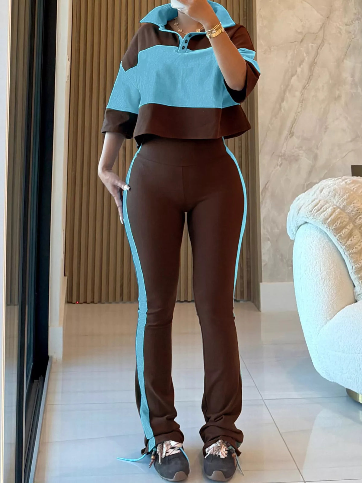 Color-Block Polo Collar Crop Top and Pants Two-Piece Set in brown