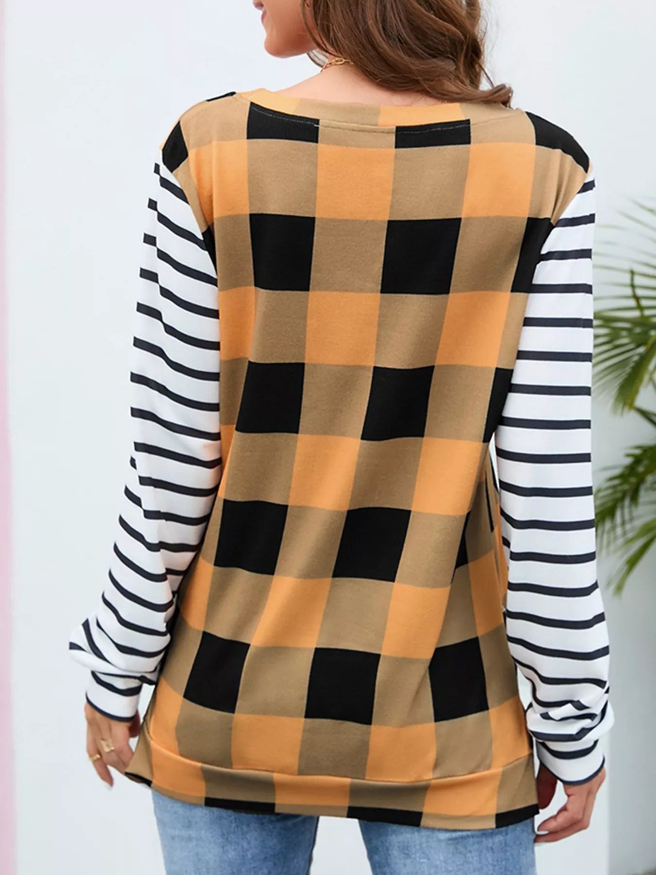 Trendsi Plaid and Stripe Contrast Long Sleeve T-Shirt -