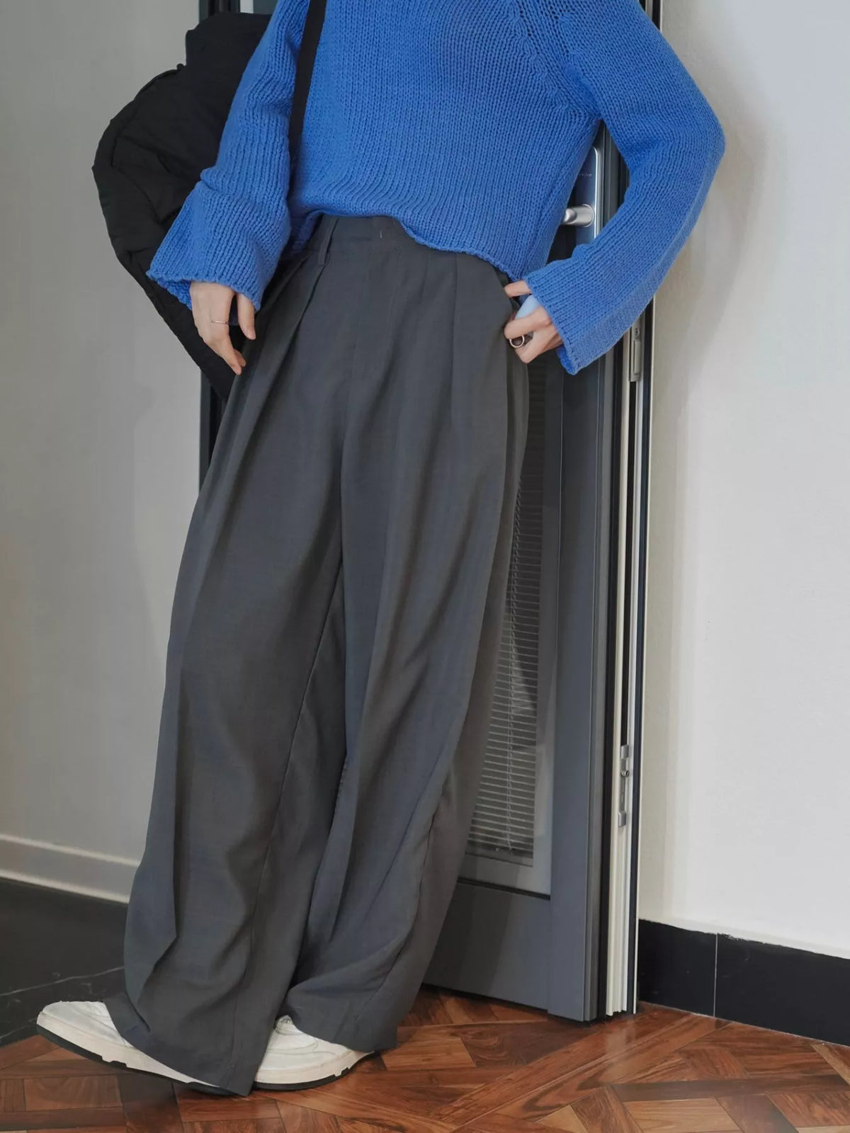 Women's High-Waisted Pleated Wide-Leg Pants in gray — front view