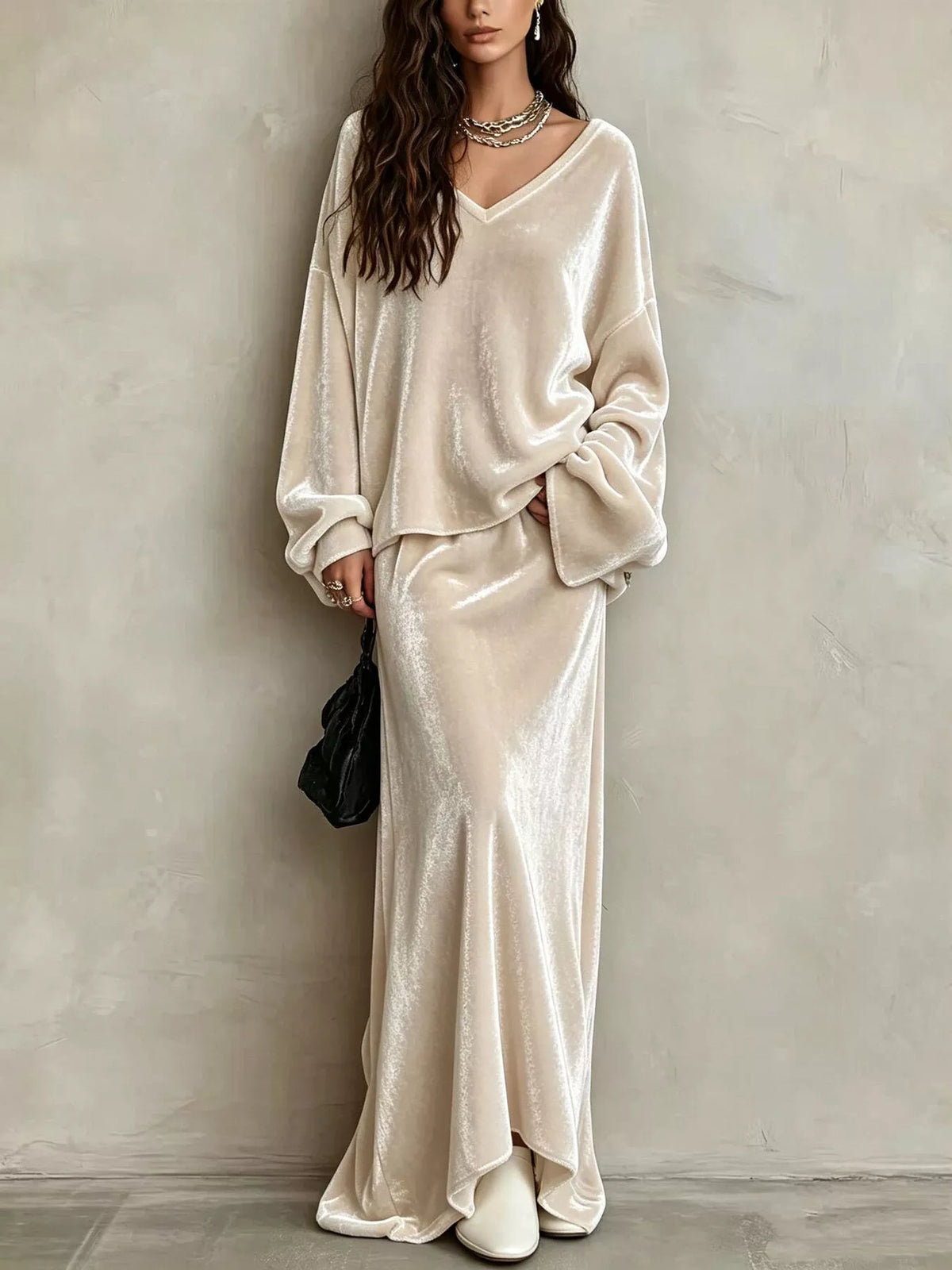 V-Neck Velvet Long Sleeve Top and Maxi Skirt Two-Piece Set in beige, front view
