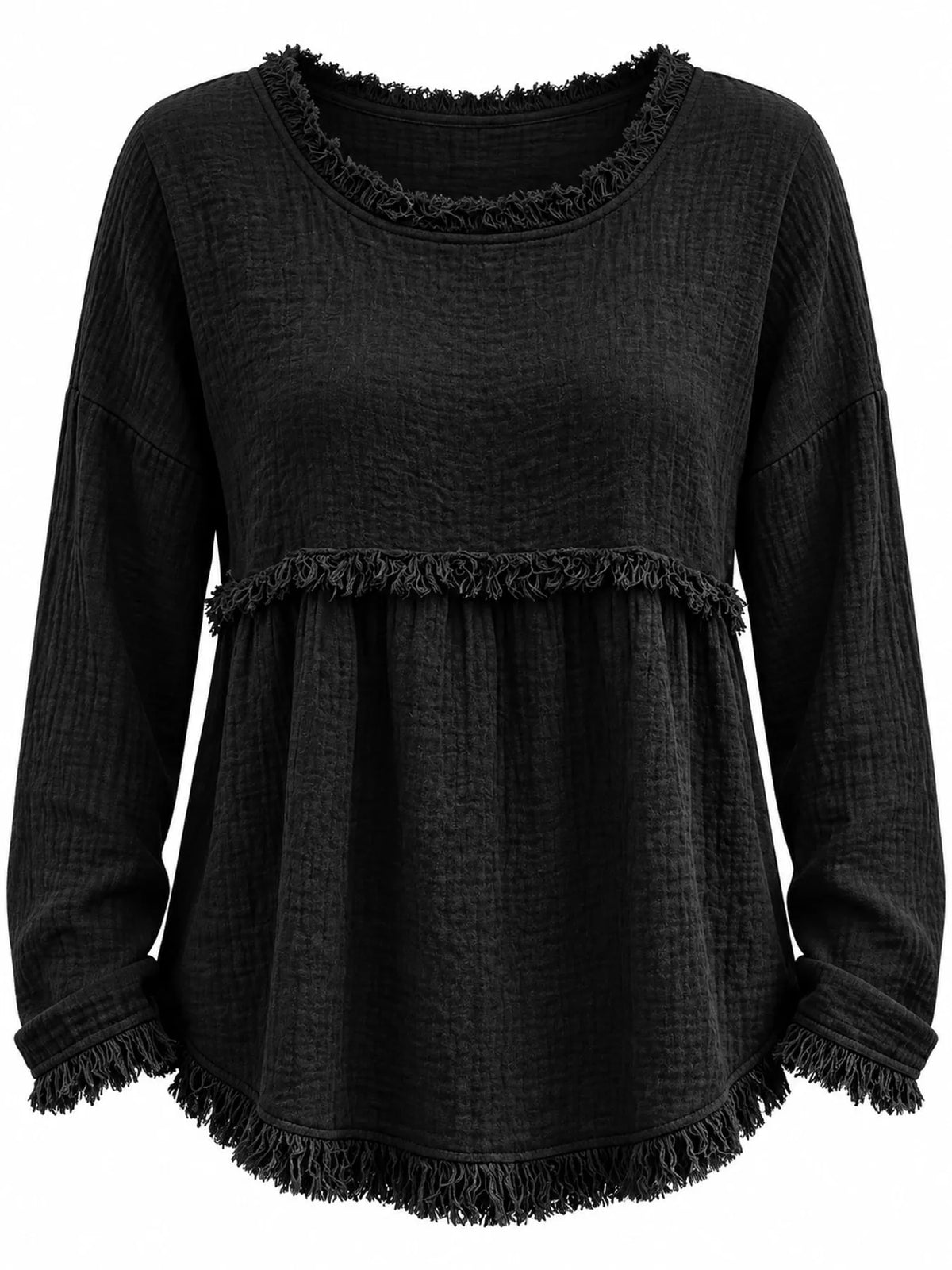Black frayed hem textured blouse, front view