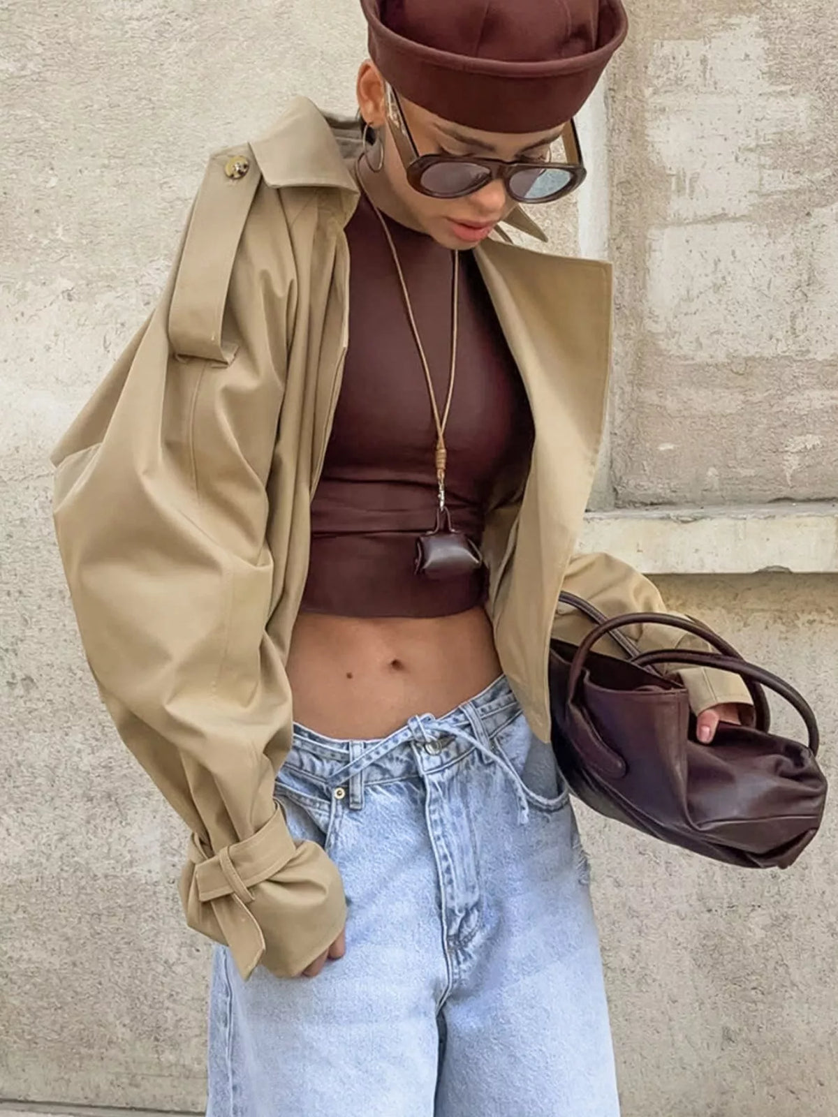 Trendsi Wide Lapel Cropped Trench Coat -