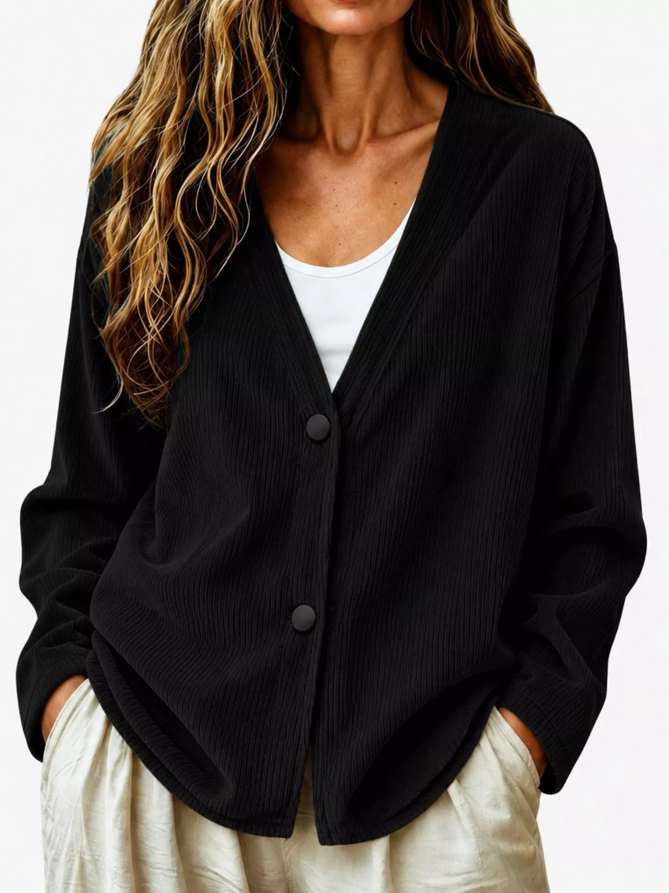 Trendsi Casual Corduroy Button-Up Cardigan -