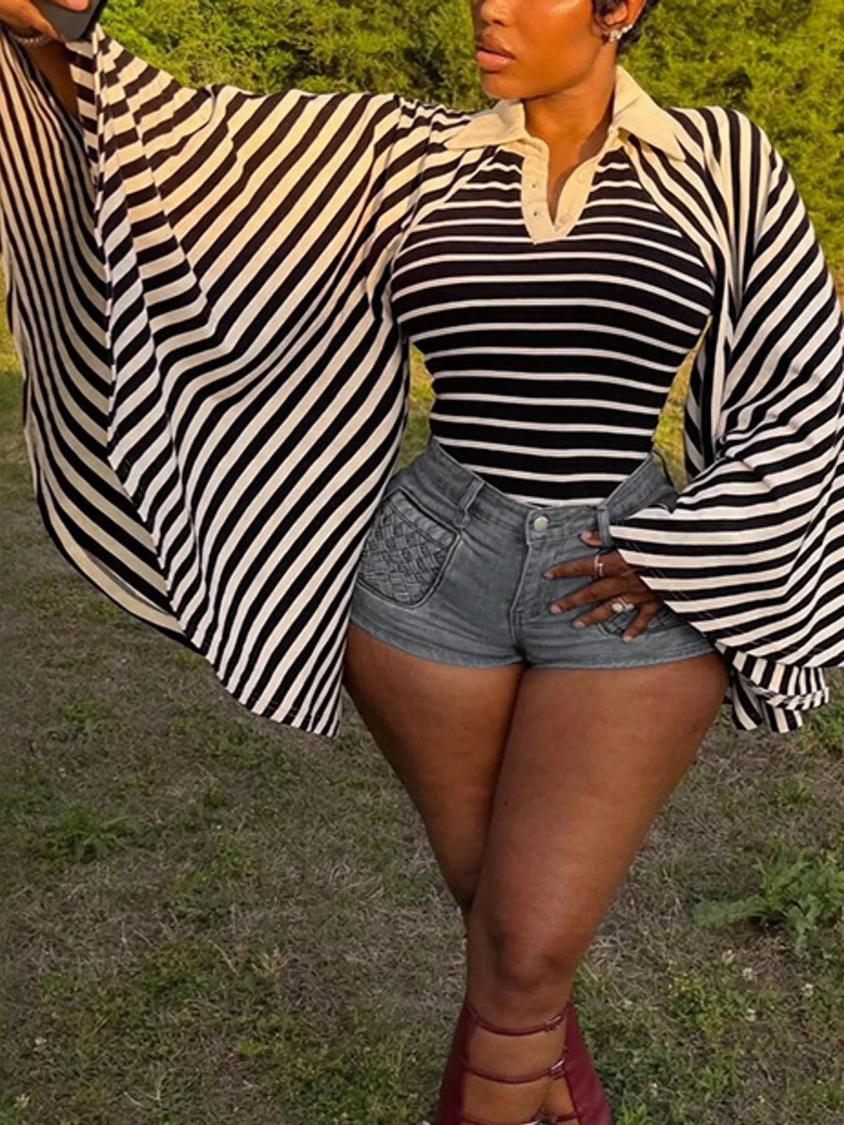 Collared long sleeve top, front view on model