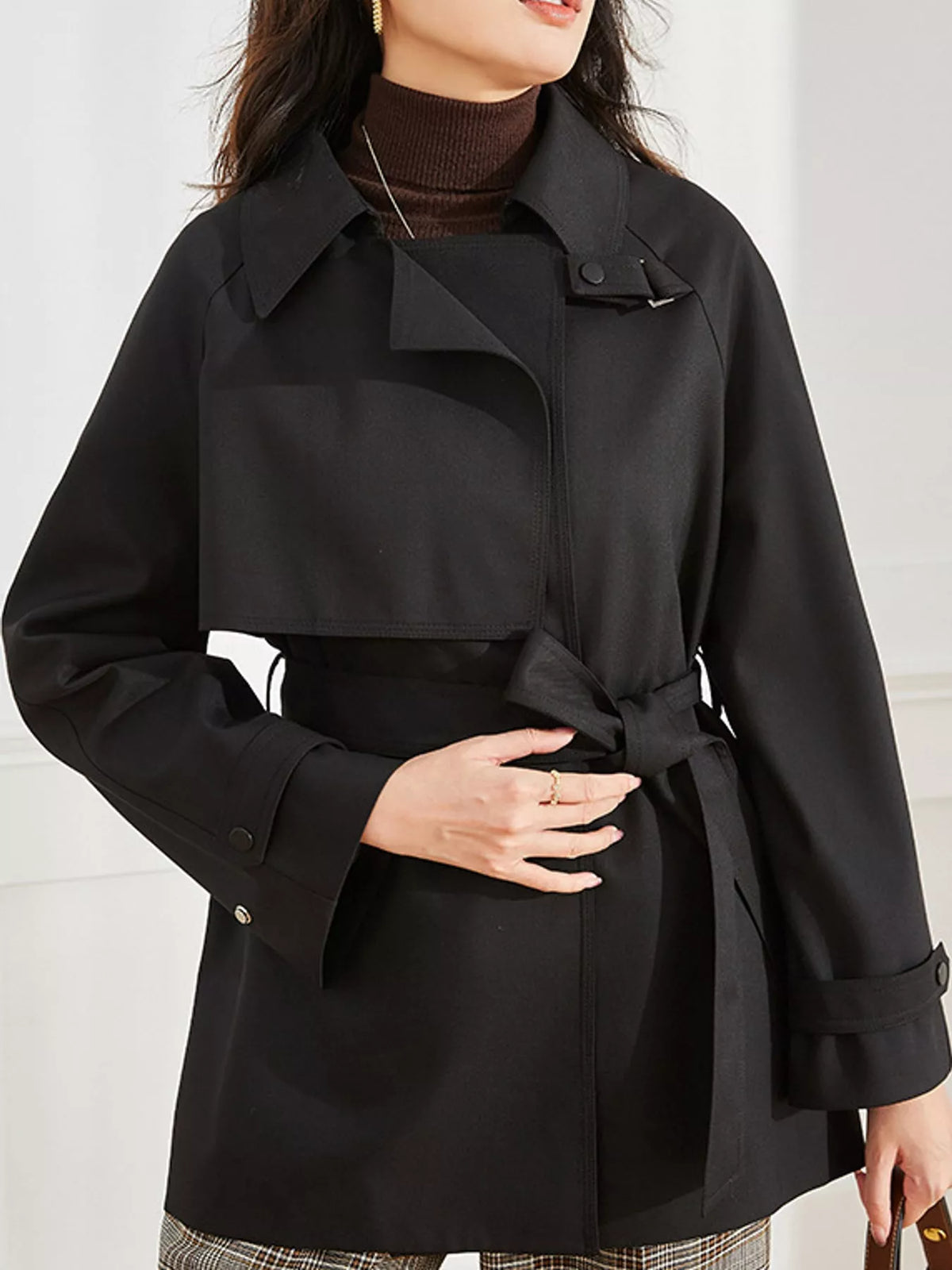 Double-Breasted Tie Waist Trench Coat in black