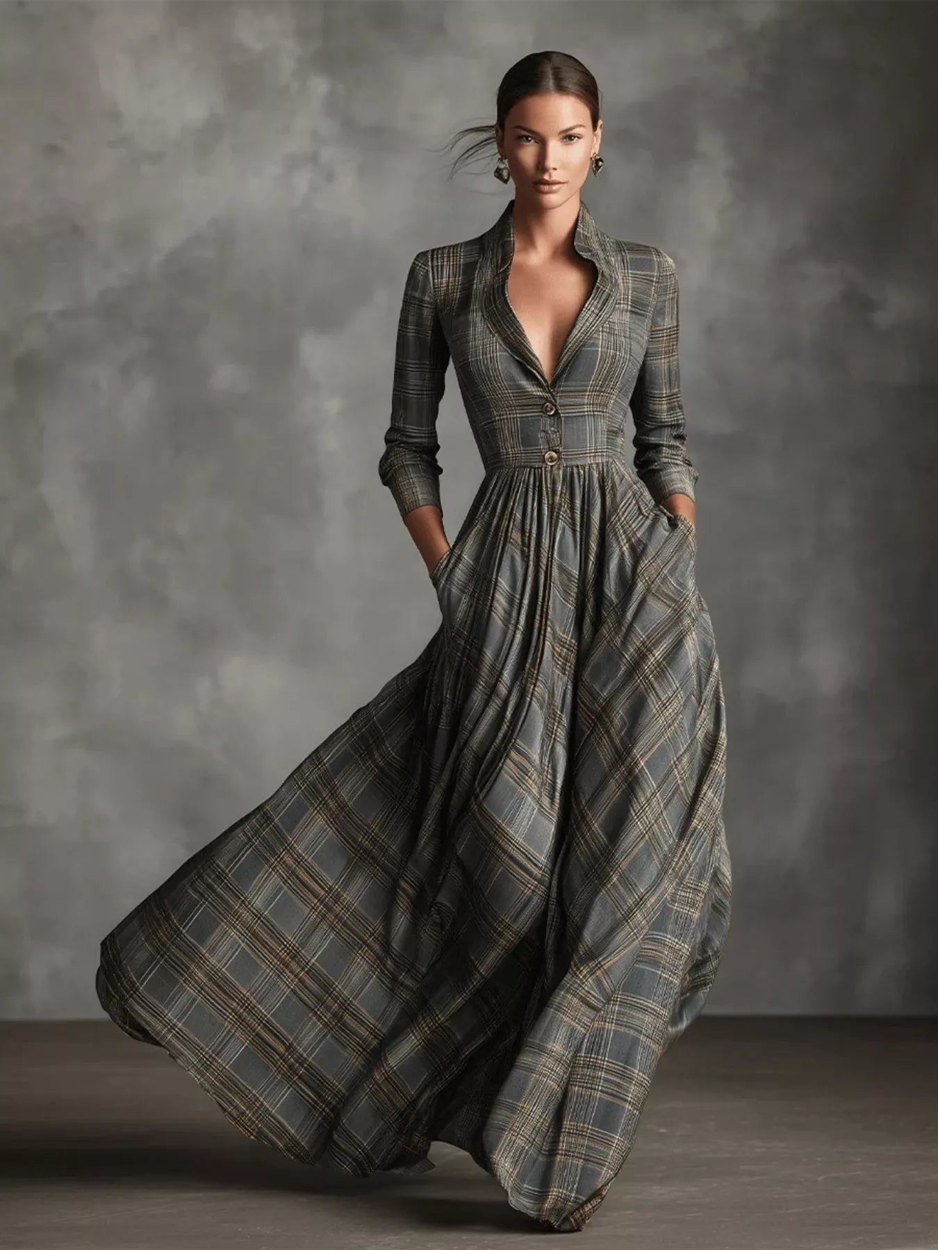 Trendsi Plaid Lapel Maxi Dress with Pockets -