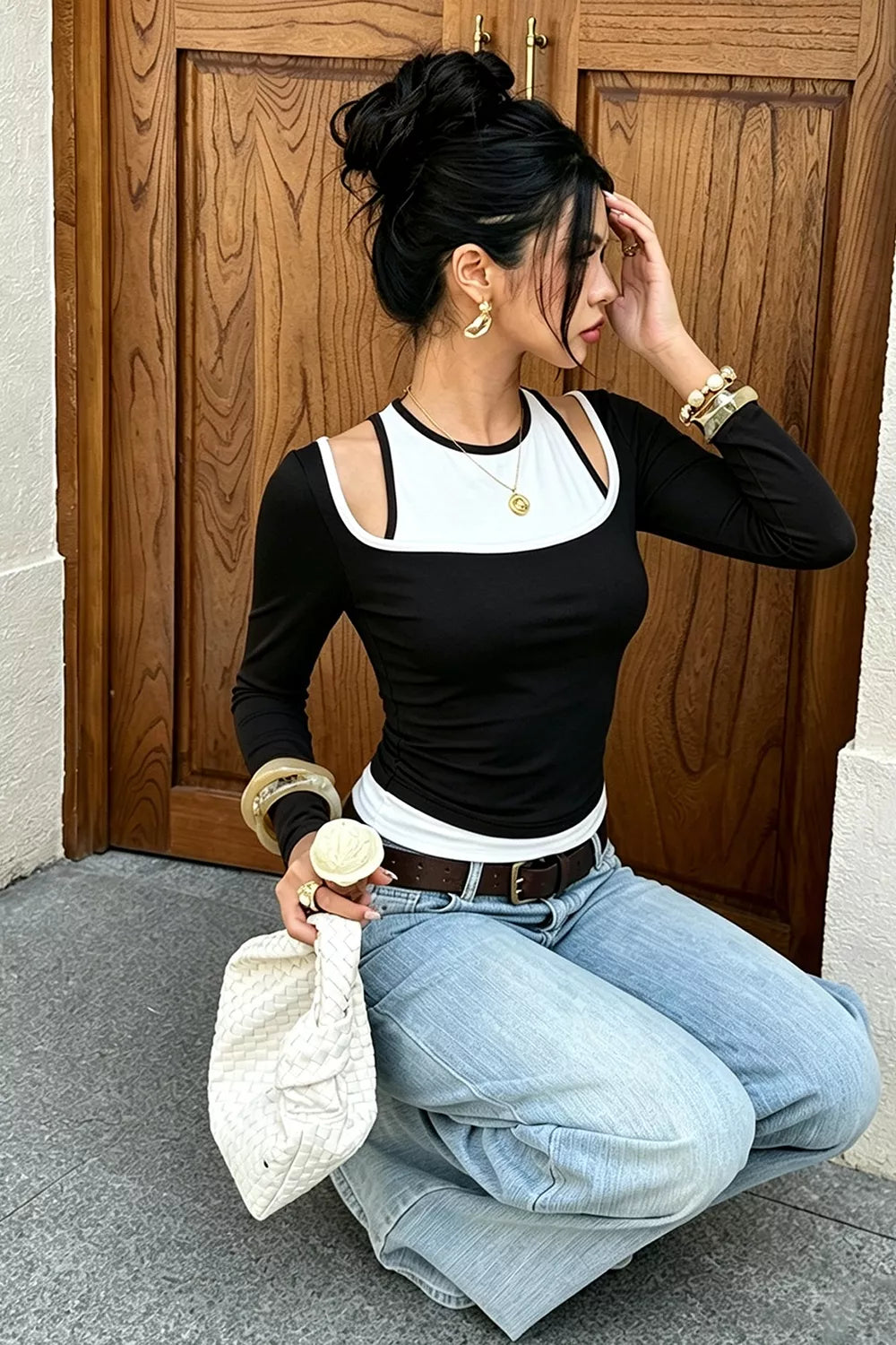 Color-block cutout long sleeve slim fit top
